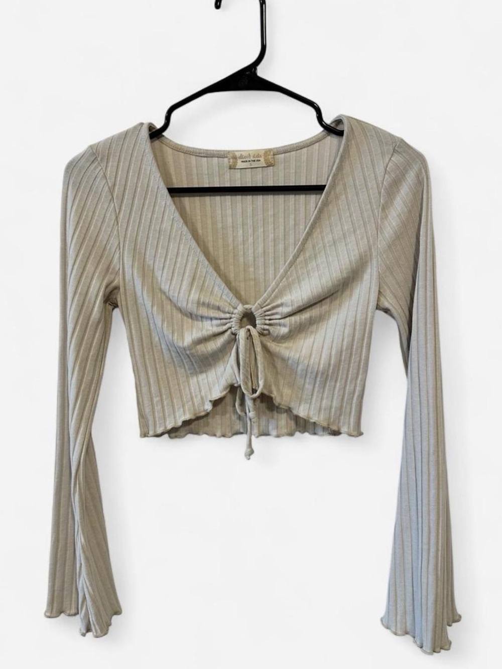 Altar'd State Taupe Ribbed Tie-Front Long-Sleeve Crop Top